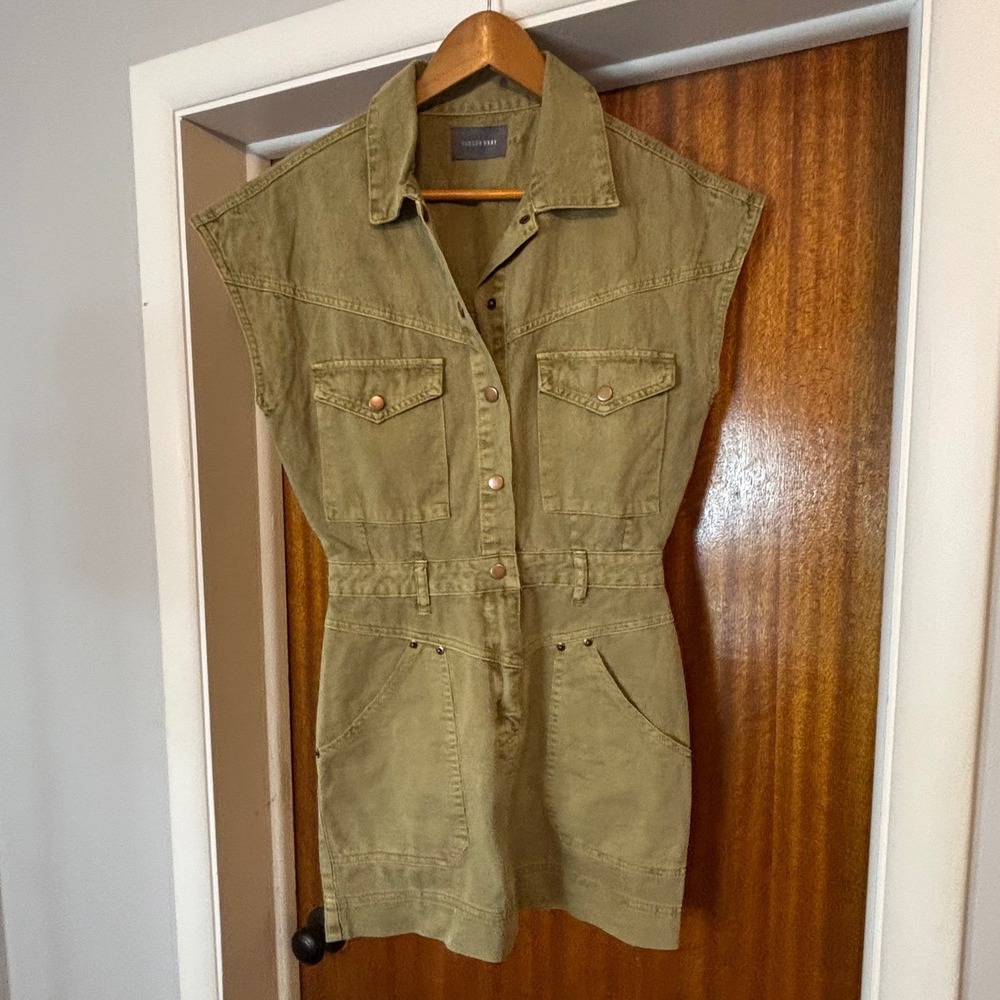Hudson Gray Olive Green Cotton Utility Denim Mini Dress Sleeveless MMD1251 Small
